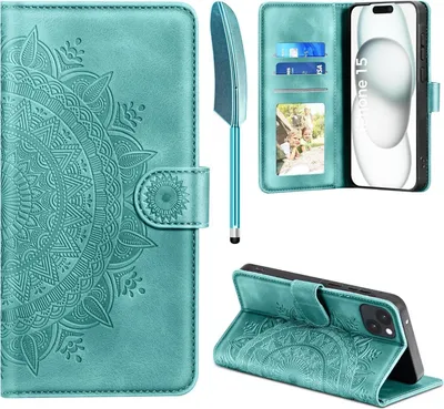Produktbild von EASDNB iPhone 15 Lederhülle Flip Wallet Case Grün Schutzhülle