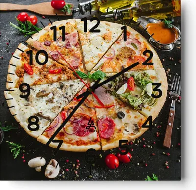 Produktbild von Wanduhr - Quadrat - Glasuhr - Pizza Käse Tomaten - 40x40cm - Schleichendes Uhrwerk - Lautlos - zum Aufhängen bereit - Dekoration Modern - Wanddekoration aus Glas - C4AC40x40-4118