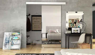 A modern bedroom with a sliding door, desk, and bed.