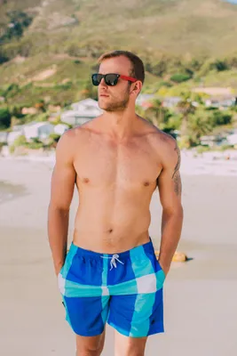 Produktbild von GUGGEN MOUNTAIN Badehose für Herren Schnelltrocknende Badeshorts 2535 mit Kordelzug Beachshorts Boardshorts Schwimmhose Männer blau lila schwarz gestreift Farbe Gestreift XXXXL