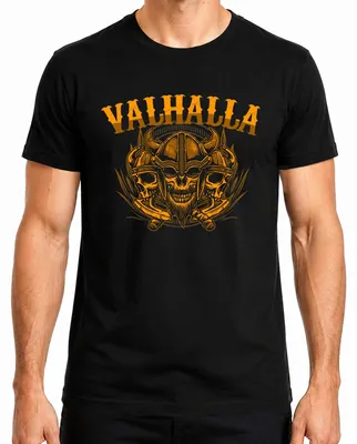 Imagen del producto de Camiseta para hombre, color , talla L, con diseño de Valhalla, cráneo de vikingo, hachas, mitología nórdica y runas