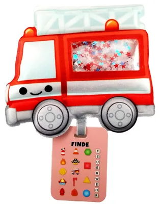 Sensorik-Spielzeug in Form eines roten Feuerwehrautos mit transparentem Fenster, gefüllt mit kleinen Perlen und versteckten Symbolen. Am unteren Rand hängt eine Suchkarte mit verschiedenen Feuerwehr-Motiven und Buchstaben.