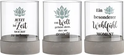 Produktbild von Gilde Windlicht, "Lotus", Lotusmotiv, Spruch, Glas, Zement, grau, klar, H. 20 cm, D. 15 cm 31877 4063387318775 3 Stück (3-fach sortiert)