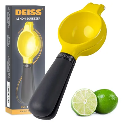 Imagen del producto de Exprimidor de limones Deiss PRO de alto rendimiento, fabricado en metal. Permite una extracción máxima de jugo, es un exprimidor manual con un diseño ergonómico y antideslizante