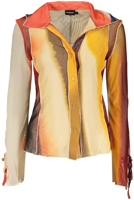 Image de Chemise élégante pour femme : beige, manches longues, motif fantaisie et encolure en V