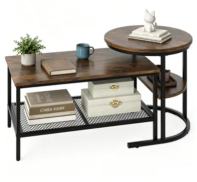Produktbild von KOMFOTTEU Couchtisch 2er Set, rechteckige und runde Wohnzimmertische mit 2 Ablagen, Sofatisch aus Stahl mit Marmoroptik, moderner Satztisch für Wohnzimmer, Schlafzimmer, Weiß