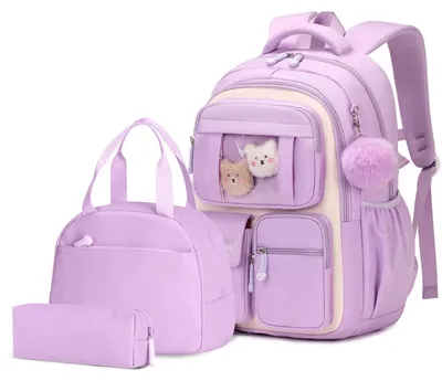 Obrázek produktu pro Batoh pro dívky, sada 3 kusů: batoh, obědová krabička a taška na notebook, fialová, pro děti