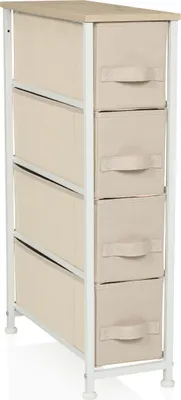 A tall, narrow chest of drawers with four fabric drawers and a wooden top, shown against a white background.
