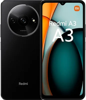 A black Xiaomi Redmi A3 smartphone is shown from the front and back, with the screen displaying marketing text.
