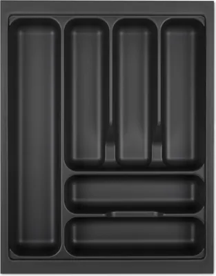A top-down view of an empty dark gray cutlery organizer.