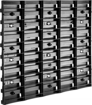 A black plastic tool wall organizer with multiple compartments and mounting points.