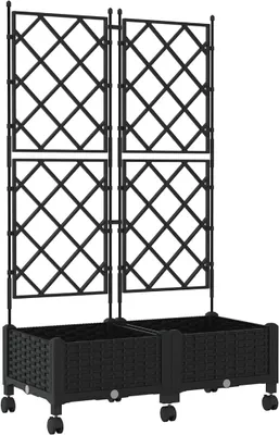Produktbild von Pflanzkübel mit Spalier und Rollen 2er Set, Blumenkübel mit Rankgitter aus PP-Kunststoff für Kletterpflanzen, Pflanzkasten für Garten und Terrasse, Schwarz, 80x40x131,5 cm