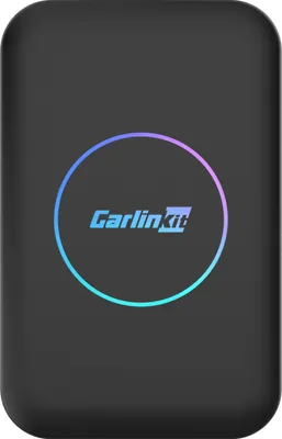 A black electronic device with a circular, multicolored light ring and a logo in the center.