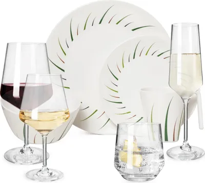 Produktbild von Melamin Camping Geschirr Set 4 Personen Limon Design 16 Teilig + 16 Milano Gläser Wassergläser Weingläser Champagner-Gläser Flûtes Tafelgeschirr Picknick BBQ Kochgeschirr