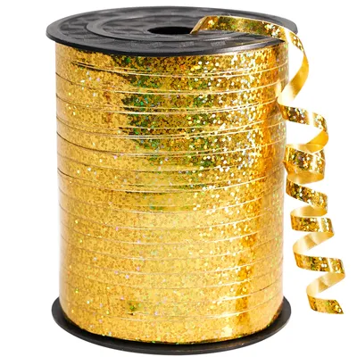 Produktbild von Geschenkband Gold, 350 Meter/ 500 Yard Schleifenband, Ringelband, Glänzendes Ballonband, Dekoband für Ballonverschlüsse, Geschenkverpackung, Basteln, Partydeko, Hochzeitsdeko (1 Rolle)