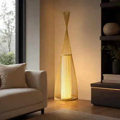 Produktbild von V-TAC VT-3100 Designer-Stehlampe aus Holz mit Rattanlampenschirm E27 Halter - sku 40571