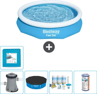 Productafbeelding van Bestway opblaasbaar zwembad voor rundvee, model Fast-Set – 305 x 66 cm – Blauw – inclusief pomp, afdekking, onderhoudspakket, filter en bodemtegels
