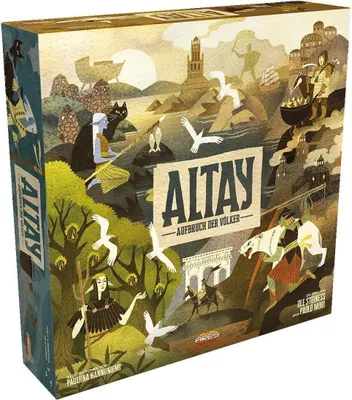 The image shows the box art for the board game 'Altay: Aufbruch der Völker'. The art depicts a stylized scene with various characters, animals, and structures, suggesting a theme of exploration and settlement.