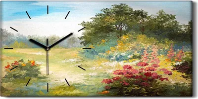 Produktbild von Wanduhr Bürouhr Leinwand Bild 60x30 Malerei Wald Bäume Blumen Landschaft Kunst - schwarze Hände