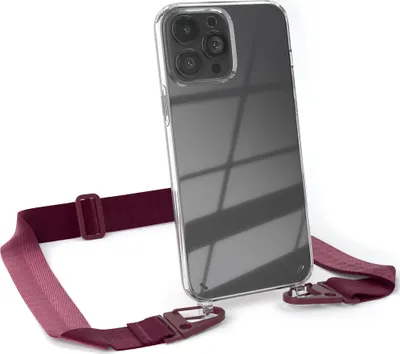 Produktbild von EAZY CASE - Hülle mit Band für Apple iPhone 13 Pro Max, Handyhülle mit Umhängeband, Silikonhülle transparent, Handykette in Rot