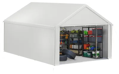 Productafbeelding van QEENTOE Zeltgarage, carport, 4x6 meter, wit, UV-bestendig en wintervast, waterdichte schuur met PE-zeil, afneembare zijwanden, beschutting voor auto, SUV, boot