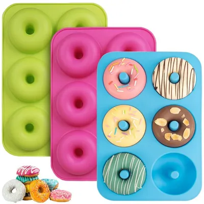 Image de Moules en silicone pour beignets, lot de 3, 6 cavités, antiadhésifs, sans BPA, résistants à la chaleur de -40 à 230°C, couleurs : vert, rose, bleu