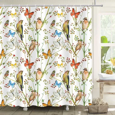 Produktbild von Duschvorhang mit Vogelmotiv, 180 x 180 cm, farbenfroher Schmetterlingsduschvorhang, charmanter Duschvorhang mit Vogelmotiv, wasserdichter Duschvorhang aus Polyester, waschbarer Badezimmervorhang mit 12 Haken