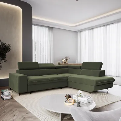 Produktbild von Masseno Ecksofa VELISS mit Schlaffunktion L-Form, Sofa mit Bettkasten, Wohnzimmersofa, Couch, Soffa, Bettsofa, Couchgarnitur- Olivgrün, CASTEL 39