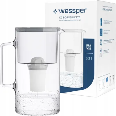 A glass water filter pitcher and its packaging.