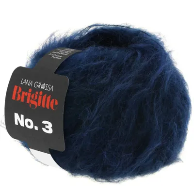 A ball of dark blue fuzzy yarn with a black label.