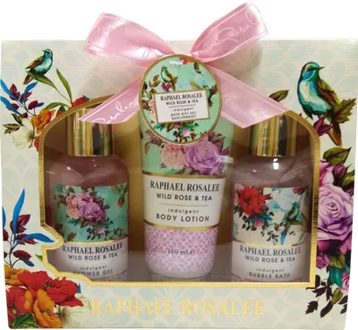 Produktbild von RAPHAEL ROSALEE COSMETICS Bade- und Pflegeset Flowers No. 166 (3-teilig) mit weißen Rosen & Tee – Bade-Geschenkset mit Schaumbad, Lotion, uvm.