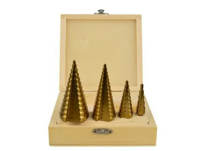 Immagine prodotto di Set punte coniche HSS, fresa conica per trapano a gradini, con gambo e punzone centrale, 4 - 39 mm,4 pezzi Geko