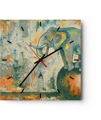 Produktbild von Wanduhr - Quadrat - Glasuhr - Elefant Abstraktion - 30x30cm - Schleichendes Uhrwerk - Lautlos - zum Aufhängen bereit - Dekoration Modern - Wanddekoration aus Glas - C3AC30x30-3566