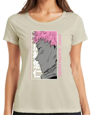 Immagine prodotto di Maglietta da donna per fan del manga e dell'anime "Jujutsu Kaisen" con ritratto di Yuji Itadori dai capelli rosa, colore naturale, taglia S