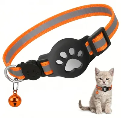 Produktbild von Reflektierendes und dehnbares Katzenhalsband mit AirTag-Halterung – Orange