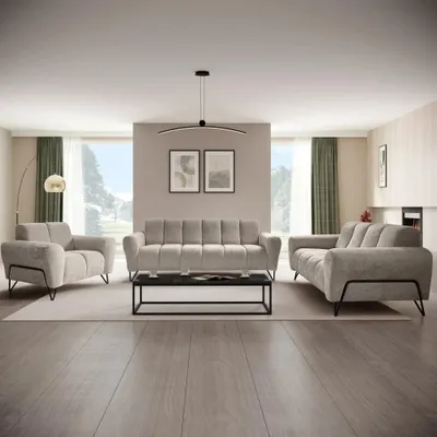 Produktbild von Polsterset VOLARE - Moderner Sitzgarnitur - Sessel + Sofa 2-Sitzer & 3-Sitzer - Chenille Storm in Latte, dekorative schwarze Metallbeine