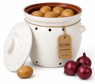 Produktbild von KERAZO 6,5 Liter Kartoffeltopf aus Steingut Keramik mit Deckel, Zwiebeltopf Vorratstopf Gemüsetopf, weiß