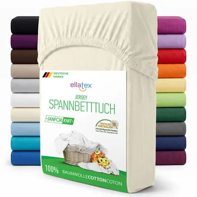 Produktbild von EllaTex Jersey Spannbettlaken 90x200–100x200 Baumwolle – weich, atmungsaktiv, Spannbetttuch mit Rundumgummi, in Farbe: Creme