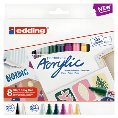 Produktbild von Edding Acrylic, Schwarz, Blau, Braun, Grün, Hellblau, Pink, Violett, Weiß, Gelb, Mehrfarbig, 8 Farben, Rundspitze, Rund, 1 mm