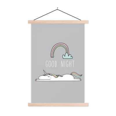 Produktbild von MuchoWow® Textilposter Einhorn - Regenbogen - Kinder - Zitate - Gute Nacht - Mädchen 120x180 cm mit holzfarbenen Rahmen - Textil-Plakat