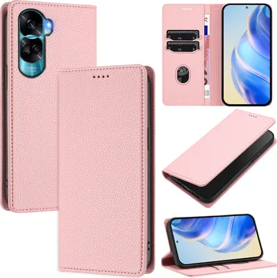 Produktbild von Litchi Leder Handyhülle für Honor 90 Lite Wallet Kartenfächer Standfunktion Hülle Pink