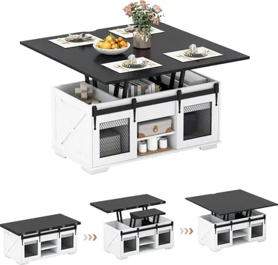 A collage of images showing a lift-top coffee table in different configurations, with a close-up of its features.