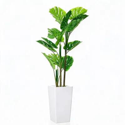 Obrázek produktu pro Umělá rostlina Monstera - Velká pokojová rostlina - Tropická dekorace s velkými listy - 137 cm - Vysoký bílý květináč - Zelená