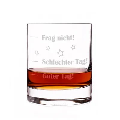 Produktbild von Whiskyglas mit Gravur „Guter Tag – Schlechter Tag – Frag nicht!“ – Trinkglas für Whiskey – Geschenkidee mit Stimmungsbarometer