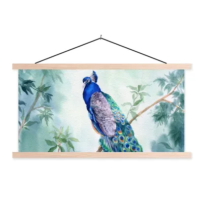 Produktbild von MuchoWow® Textilposter Pfau - Pfauenfedern - Grün - Tiere 60x30 cm mit holzfarbenen Rahmen - Dekoration