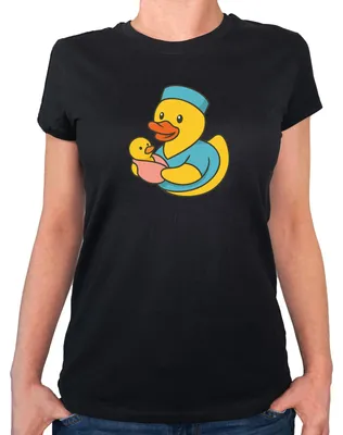 Produktbild von Huuraa Damen T-Shirt Quietscheente Hebamme Comic Gummiente L Black Bio Baumwolle Fairtrade Damenshirt Geschenkidee