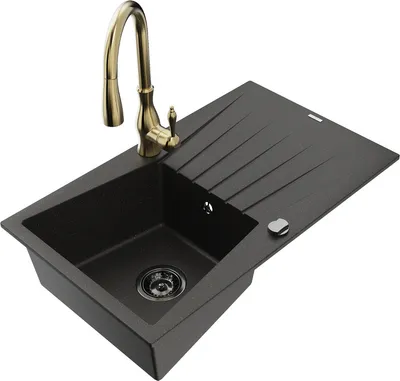 Produktbild von Mexen Cesar 1 Becken-Granitspüle mit Abtropffläche und Mischbatterie Savita, Schwarz/Gold metallisch - 6514-75-672601-50-B