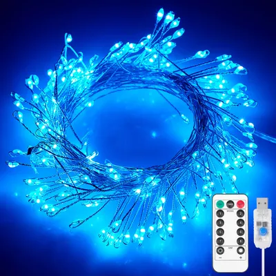 A string of blue LED lights coiled on a blue background, with a remote control and USB connector visible.