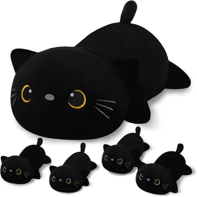 Productafbeelding van Pluche knuffel zwarte kat met 4 kittens, voor kinderen, speelgoed