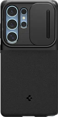 A black phone case with a camera cover is shown against a white background.
